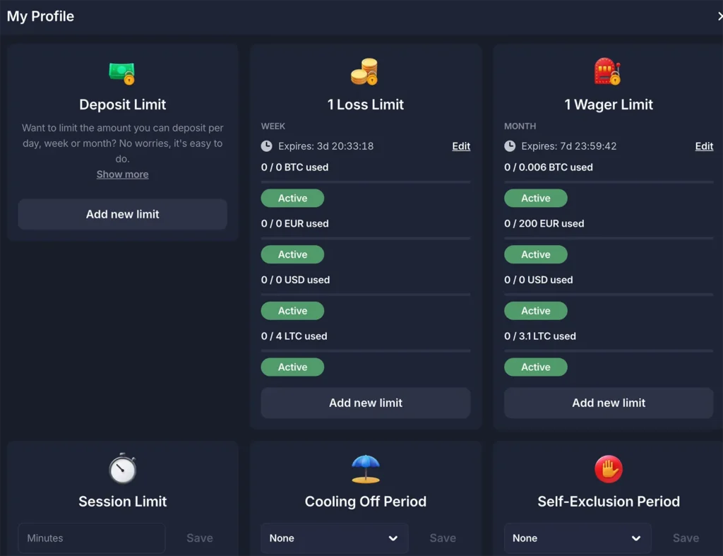 BitStarz has very extensive deposit, loss and session limits, including cooling off period and self-exclusion periods up to forever time.