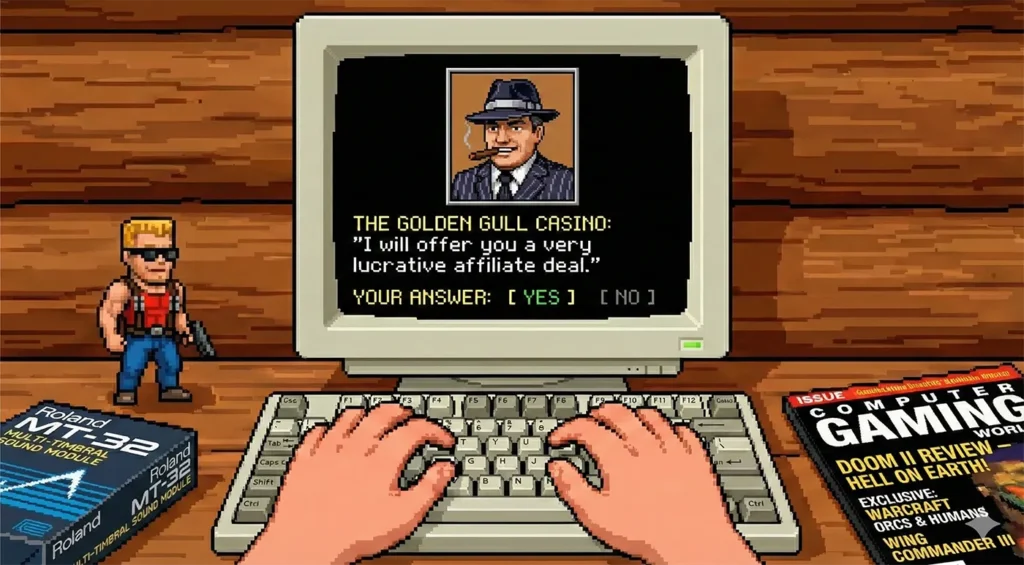 Jake Saarijärvi (Jake from Finland) playing an imaginary Lucasarts game where a casino gangster offers a lucrative affiliate deal.