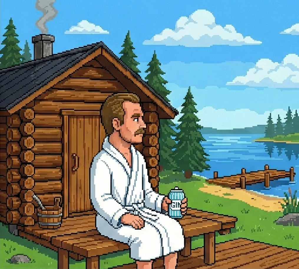 Jake Saarijärvi (Jake from Finland) enjoying Finnish summer in front of a sauna and drinking Hartwall GIN long drink (non-alcoholic).