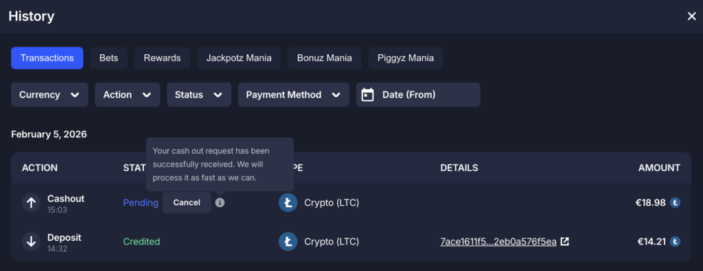BitStarz crypto transactions page and my first hand testing of deposits and withdrawals.