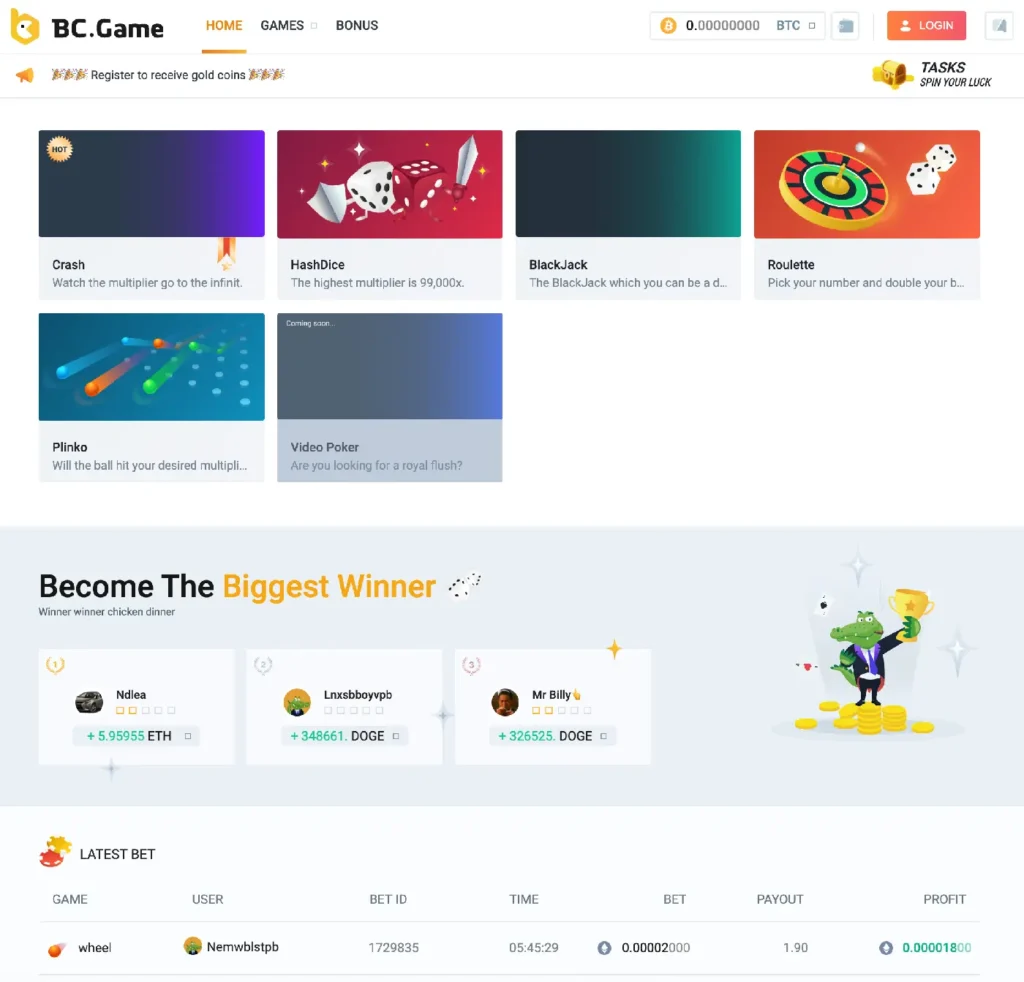 BC.game casino in 2018. Image is a screenshot from WebArchive.