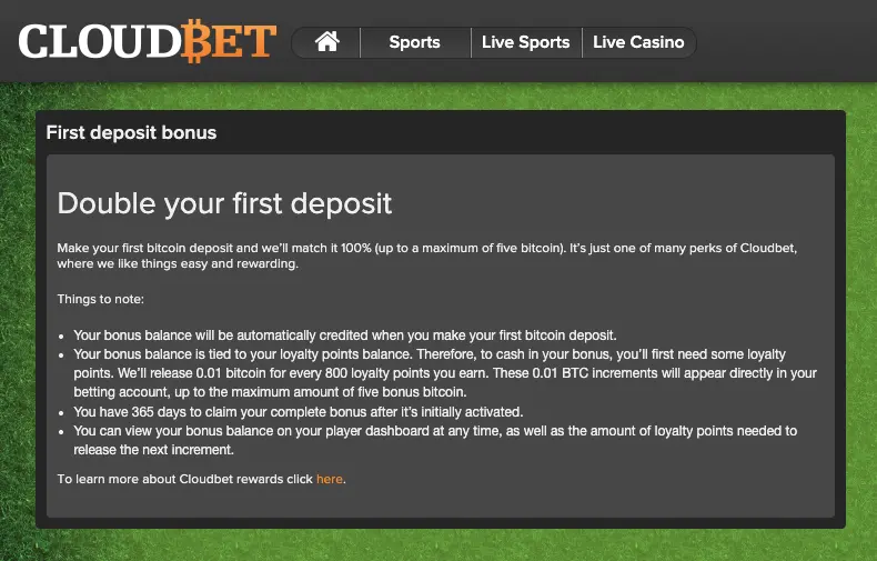 This is the huge 5 BTC first deposit bonus that Cloudbet had back in 2014. From Webarchive.