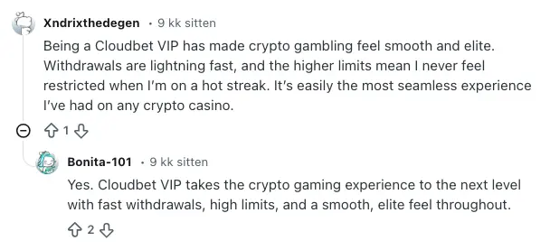 Cloudbet comments on Reddit.