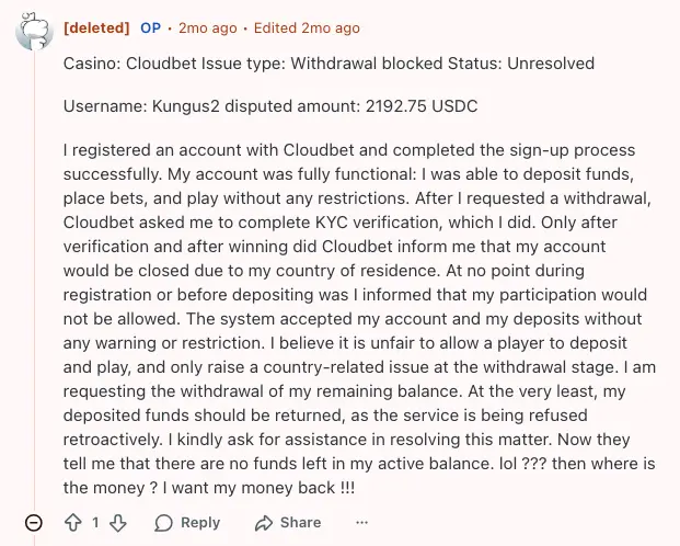 Cloudbet comments on Reddit.