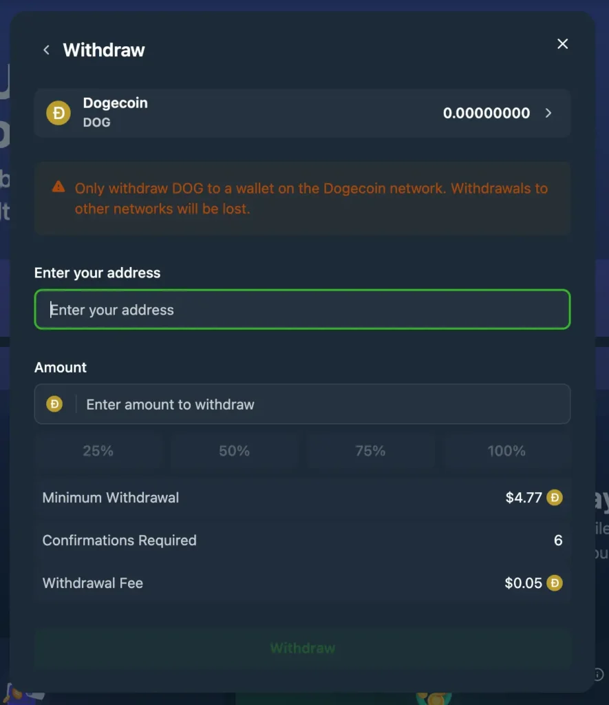 Wild.io withdrawal screen.