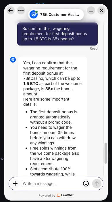 7Bit Casino customer support test.