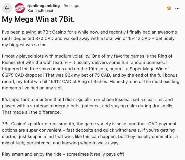 7Bit Casino commenting on Reddit.