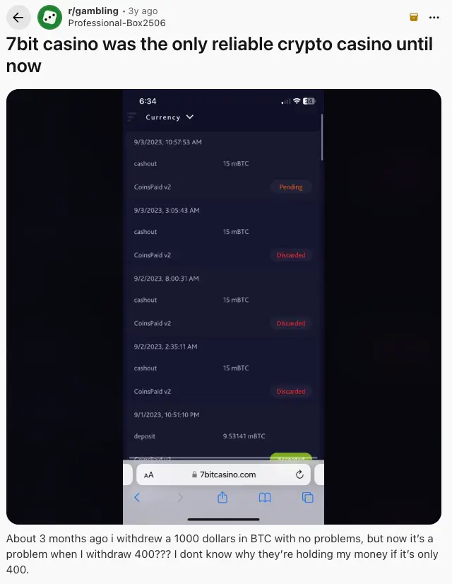 7Bit Casino commenting on Reddit.