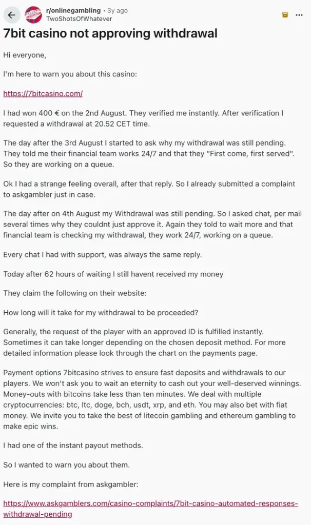 7Bit Casino commenting on Reddit.