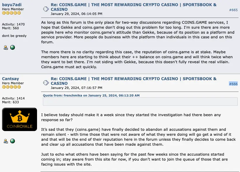 Coins.game comments on Bitcointalk.org.