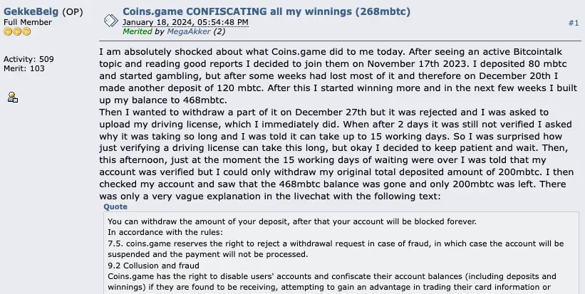Coins.game comments on Bitcointalk.org.