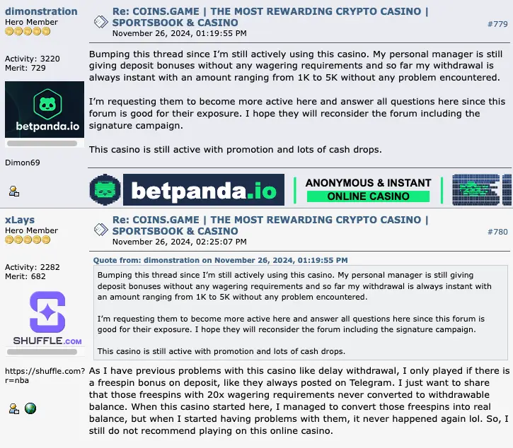 Coins.game comments on Bitcointalk.org.