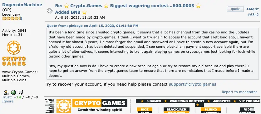 Crypto.games comment on Bitcointalk.