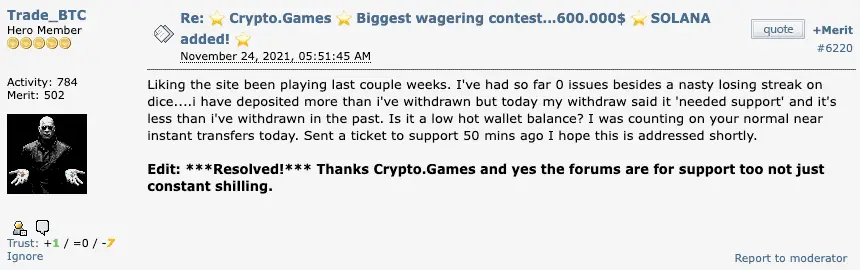 Crypto.games comment on Bitcointalk.