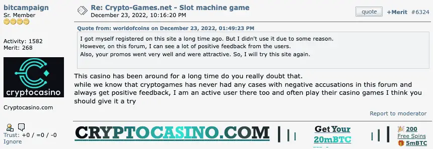 Crypto.games comment on Bitcointalk.
