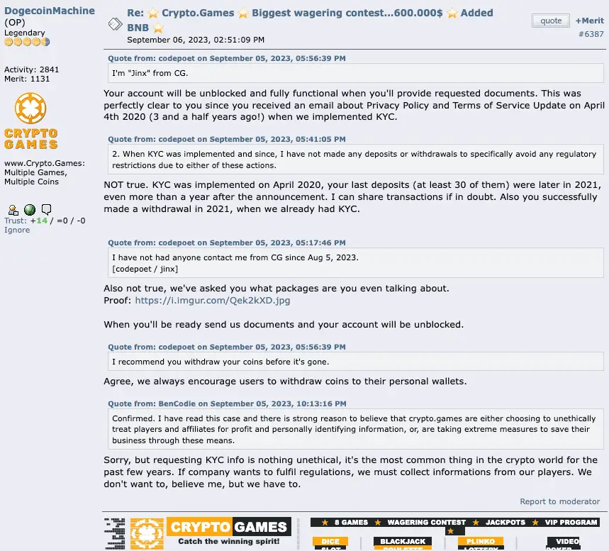 Crypto.games comment on Bitcointalk.