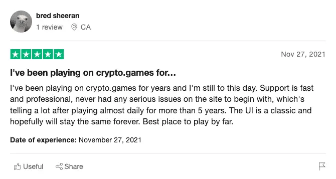 Crypto.games comment on Trustpilot.