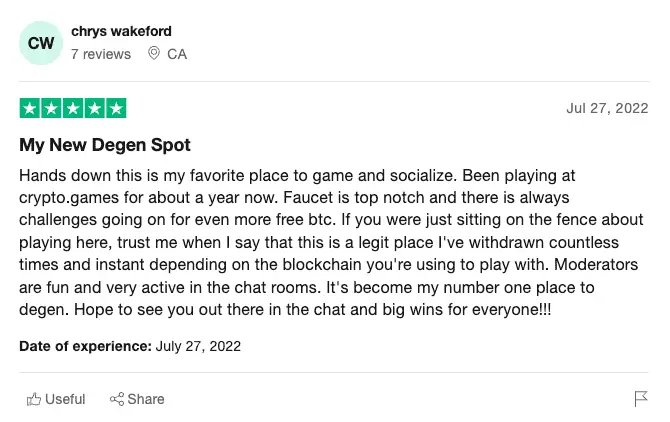 Crypto.games comment on Trustpilot.