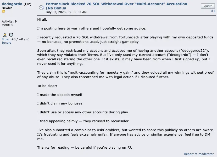 FortuneJack comment on BitcoinTalk.org