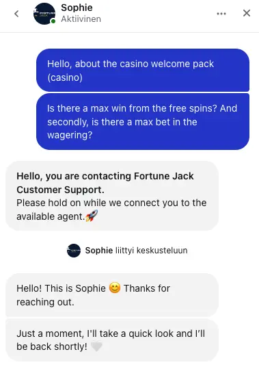 My FortuneJack customer support test.
