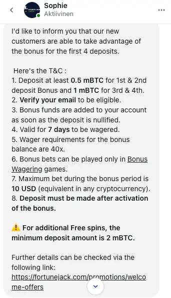 My FortuneJack customer support test.