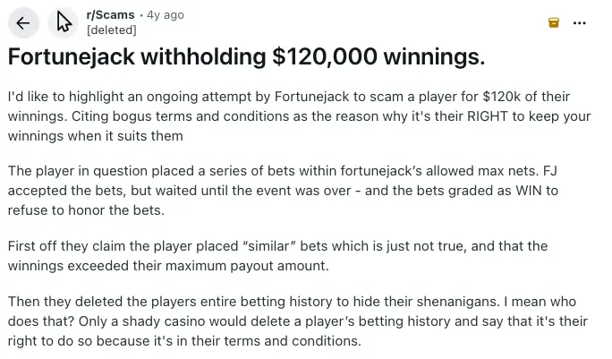 FortuneJack comment on Reddit.