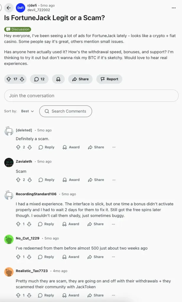 FortuneJack comment on Reddit.