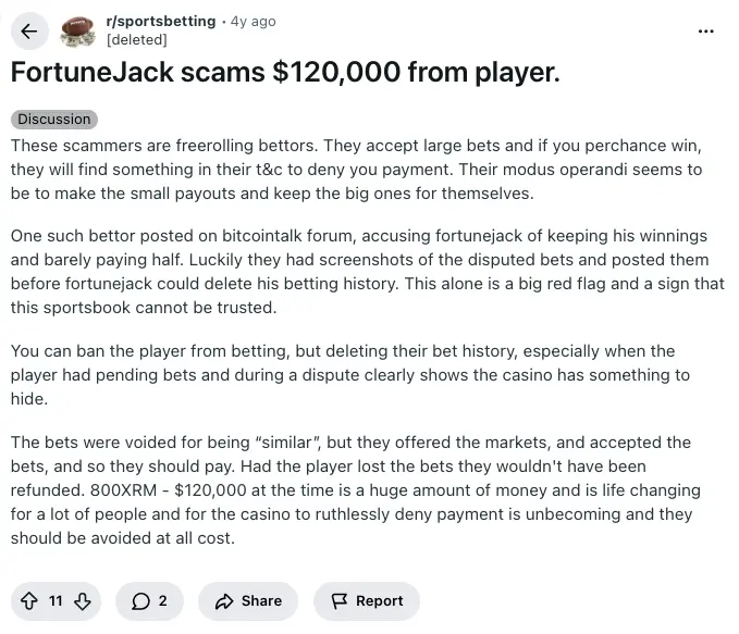 FortuneJack comment on Reddit.
