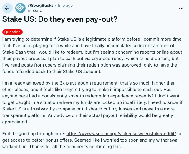 Stake comments on Reddit.