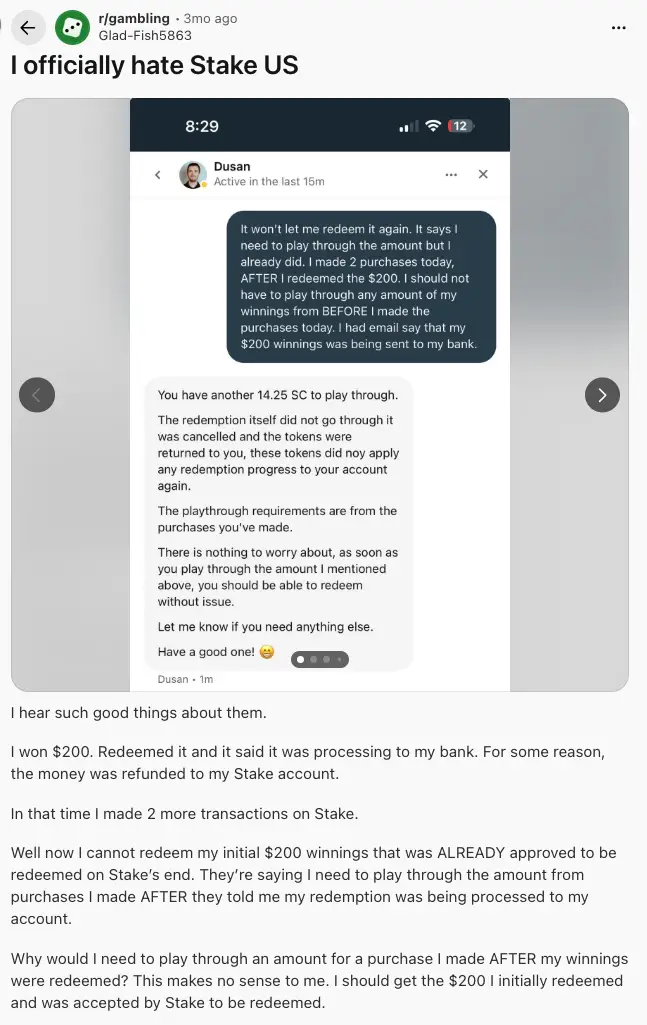 Stake comments on Reddit.