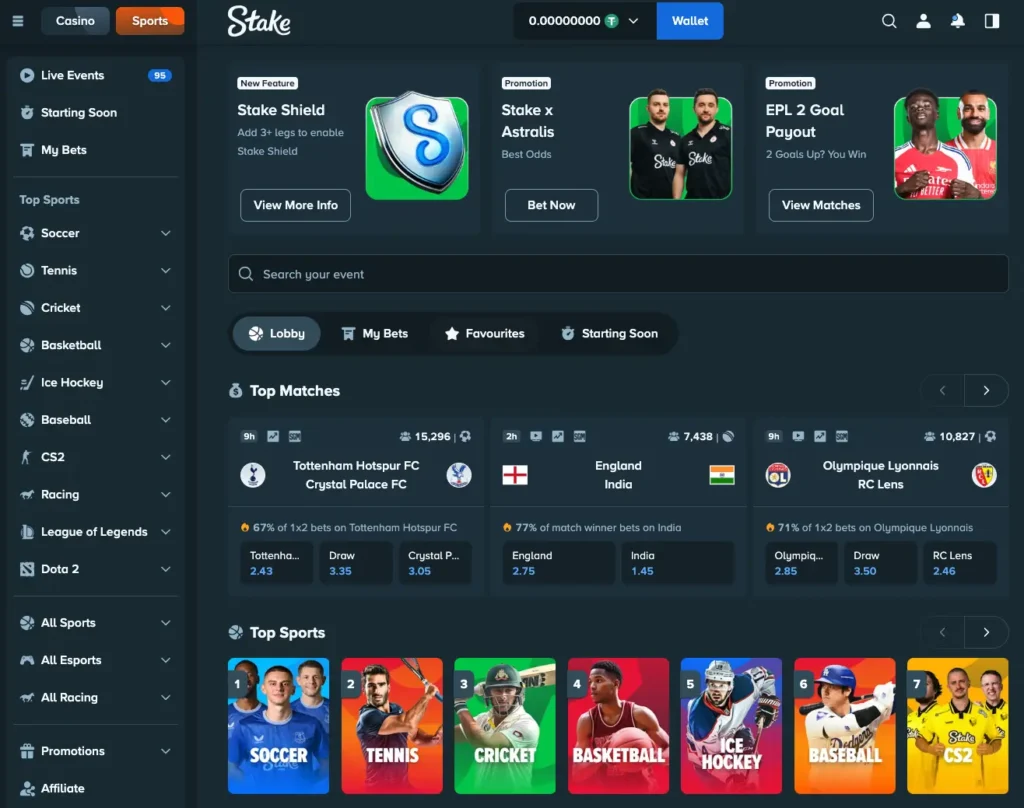 Stake sportsbetting screen.